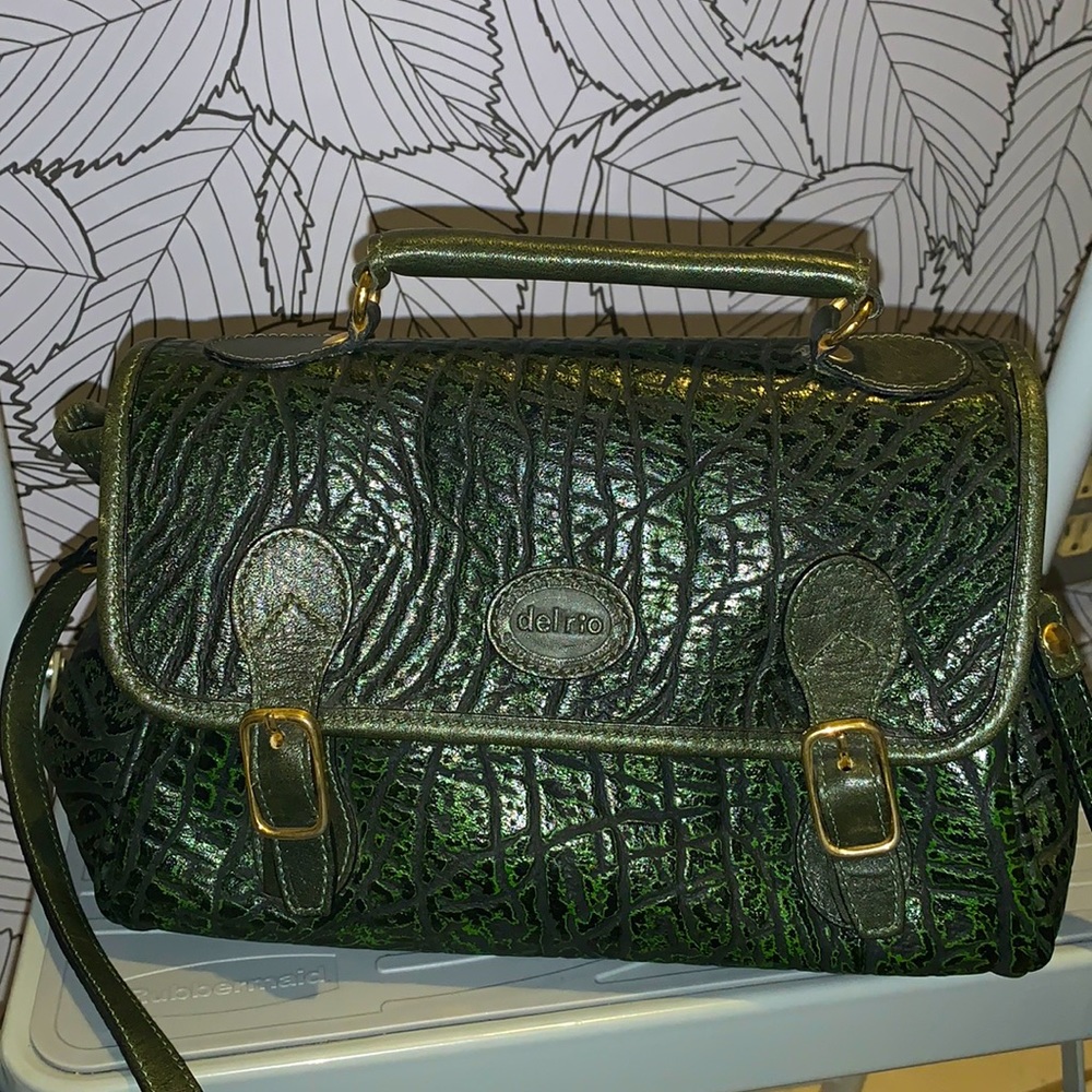 Real leather✨vintage✨Croc embossed top handle bag w detachable crossbody strap